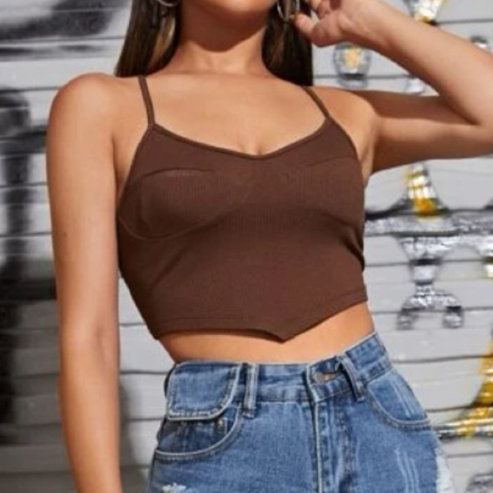 brown asymmetrical front criss cross tie back shein crop tank top s small